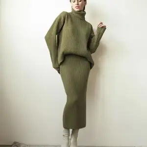 Inverno nova moda feminina personalizada quente gola alta jumper de malha saia midi 2 peças conjunto camisola de saia curta feminina