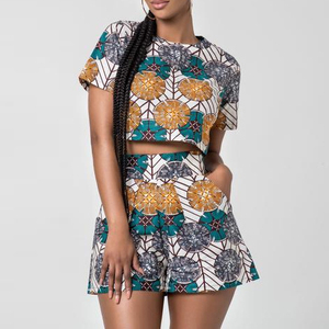 2019 Africaine Short femme Costume <span class=keywords><strong>2</strong></span> Pièces Vêtements Ensemble 100% coton africain cire imprime tissu - Product Image 3