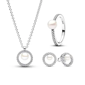 Nouveau 925 argent sterling charme traité perle de culture d'eau douce pavé cadeau ensemble anneau boucle d'oreille conception collier à faire soi-même femmes ensemble de bijoux