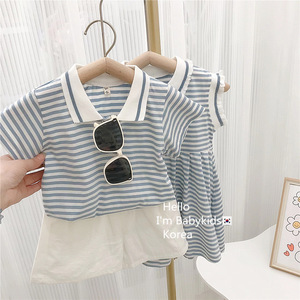 Ensemble décontracté short et polo rayé à manches courtes pour enfants, idéal pour l'été, style mode pour frères et sœurs - Product Image 2