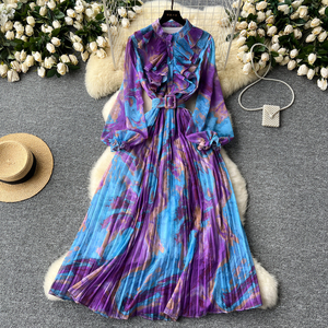 LE2639 Vestido MIDI con estampado de aceite Vestido elegante vintage francés para mujer Vestidos de gasa con estampado de cintura de manga larga empalmados para mujer - Product Image 4