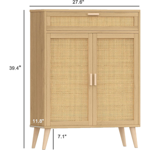 Buffet autoportant en bois et rotin avec 2 portes et grand tiroir organisateur d'armoire de rangement au sol pour la salle de bain - Product Image 6
