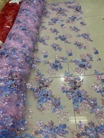 Tissu de dentelle de broderie de fleur 3d dernière mode avec application de dentelle de paillettes perlées multicolores pour robes