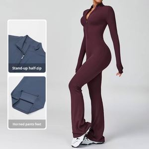 Traje Deportivo de Yoga para Mujer, Manga Larga, con Cierre, para Gimnasio, Fitness, Entrenamiento, Alta Elasticidad, con Pantalones Acampanados - Product Image 3