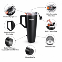 Thermos en acier inoxydable à double paroi, isolation sous vide, design avec poignée, couvercle anti-fuite, tasse de voyage de 30 oz