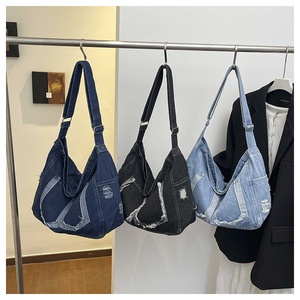 Denim <b>Shoulder</b> Bag Women's Fashion Single <b>Strap</b> Crossbody Bag With Rivet Decoration All Seasons Daily Use - Product Image 1