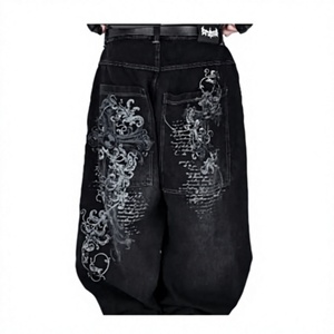 Jean large noir en denim délavé, coupe basse et ample, style streetwear gothique, respirant, écologique, vintage, léger, pour homme, hiver - Product Image 1