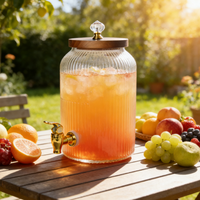 Vente en gros de grand pot en verre de 4 L, grand volume, vertical, à nervures, distributeur de boissons, jus, avec robinet pour buffet