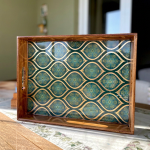 Rectangle Wood Serving Tray Green Gold Inlay Handpainted Vintage Design Handmade <b>Decorative</b> <b>Plate</b> - Product Image 1