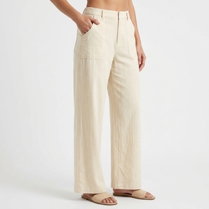 Pantalones Anchos de Mezcla de Algodón y <span class=keywords><strong>Lino</strong></span> para <span class=keywords><strong>Mujer</strong></span>, Cintura Alta, Bolsillos Grandes, Transpirables, Rectos, Casuales, para Vacaciones - Product Image 1