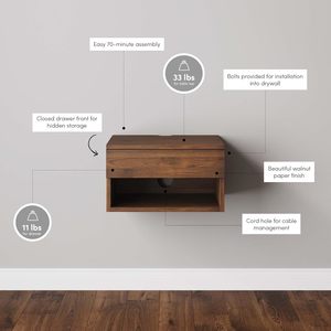 <strong>Wall</strong> mounted modern bamboo walnut wooden floating bedroom nightstand <strong>bedside</strong> <strong>table</strong> with drawer - Product Image 4