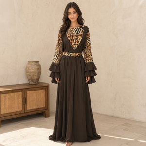 Vente en gros de robes Abaya pour femmes avec patchwork léopard, manches cloche, col rond, vêtements de soirée confortables - Product Image 1
