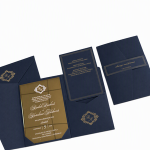 Juego de Invitaciones de Boda Personalizadas en Azul Marino y Dorado, Invitaciones de Lujo con Espejo Acrílico Plegable, Invitaciones de Felicitación para Eventos con Tarjeta de Confirmación de Asistencia - Product Image 1