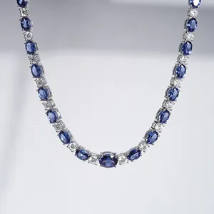 Starsgem New Style HIP POP Necklace 14K White Gold Lab Royal Blue Sapphire Moissnaite Tennis Chain