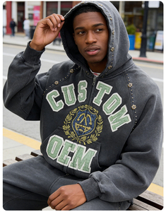 Custom Logo Heavyweight Cotton Fleece Bling Rhinestone Washed Distressed Vintage Hip Hop Streetwear Men's Zip Hoodies - Product Image 2