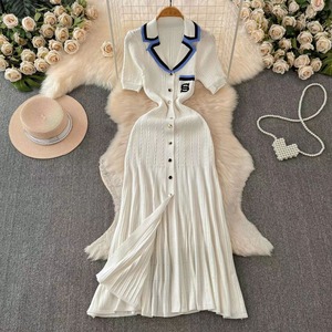 Women's Casual Summer <strong>Dresses</strong> Wholesale Short Sleeve Long Sweater Knit with Crew Neck and Button Decoration Clashing Colours - Product Image 5