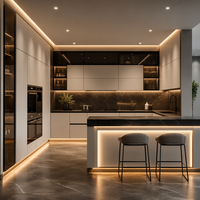 Ensemble d'armoires de cuisine sur mesure pour projet d'appartement, crédence murale en pierre, îlot LED, tiroirs, quincaillerie antirouille