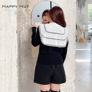 Pull pour femme Happy Hut, couleur unie noire, col décoré de perles, N7152 - Product Image 1