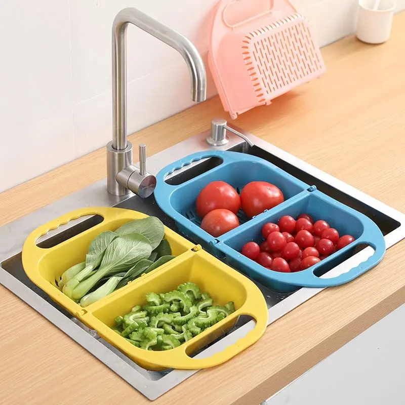 2020 New Foldable plastic wash basin rectangular drain basket fruit tray home kitchen sink dishwashing storage
