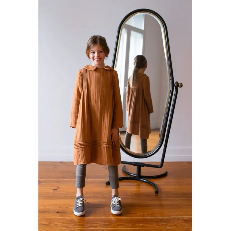 Einfarbig Gute Qualität Mode Benutzer definierte Kinder kleidung Formelle Braun Weiß Farbe Mädchen Kleider Baumwolle Leinen Kleider Für Mädchen