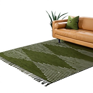 Modern Green Striped Area Rug Rectangle Flat <b>Weave</b> Wool Acrylic Living Room Non-Slip Rubber Backing - Product Image 1