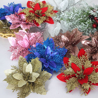 Haut de gamme 14cm grand poinsettia artificiel arbre de noël paillettes fleurs grande décoration en gros de l'usine