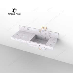 Meuble de salle de bain moderne et luxueux, vasque murale en aluminium gain de place, avec empiècements en terrazzo, modèle WS-2012A OEM - Product Image 2
