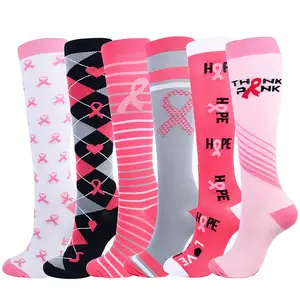 New Design Pink Ribbon breast cancer Nurses Medical Colorful Compression Socks Women Customized knee high socks