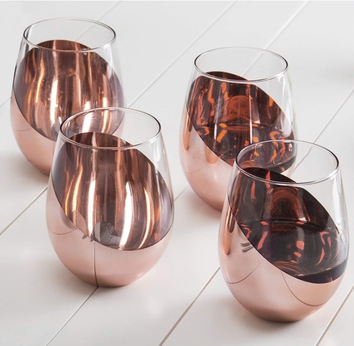 Tilted Brass Metallic Stemless Wine Glasses, Beverage Drinkware Tumbler Cups, Set of 4