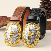 Sabuk Pria Kulit Sapi Asli Gaya Barat Vintage Punk Desain Cross Border Hot Sale dengan Gesper Alloy