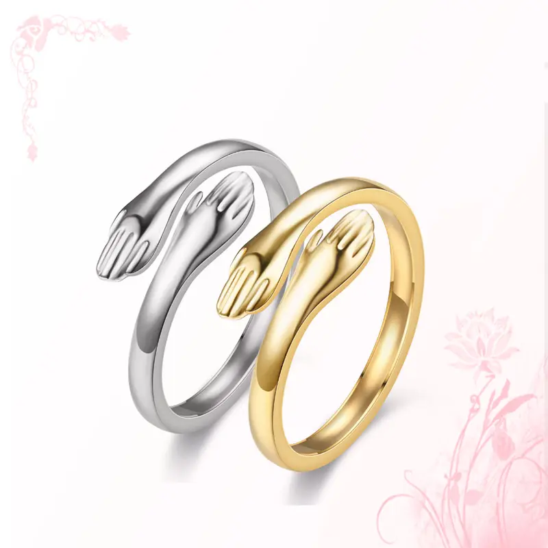 Großhandel Modeschmuck Ringe nicht trüben Silber 18 Karat vergoldet Edelstahl verstellbare Hand umarmung Fingerringe für Mädchen