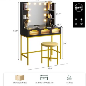 Manufacturer's <b>small</b> vanity charging station with mirror, 10 light bulbs, LED vanity <b>table</b>, 3 drawers/stools. - Product Image 5