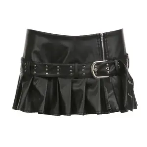 2024 low waist sexy slit pleated skirt hot girl slimming rivet metal buckle belt ultra short leather skirt for women