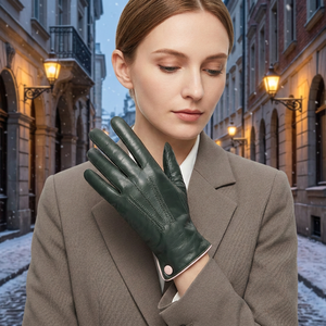 Gants en cuir de mouton vert foncé pour femme Ikhlas Sports – Thermiques, doux, chauds, élégants, avec bouton au poignet, compatibles écran tactile, pour l'hiver et les soirées - Product Image 1