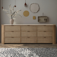 Commode de Luxe MYHOME 2025 en Chêne Massif à 9 Tiroirs avec Plateau en Travertin Moderne et Panneaux en Rotin Tressé, Meuble de Chambre en Bois Massif