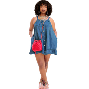 Venta Directa al por Mayor, Vestido Corto Informal de Mezclilla sin Mangas, Color Sólido, Holgado, para Mujer, a la Moda - Product Image 1