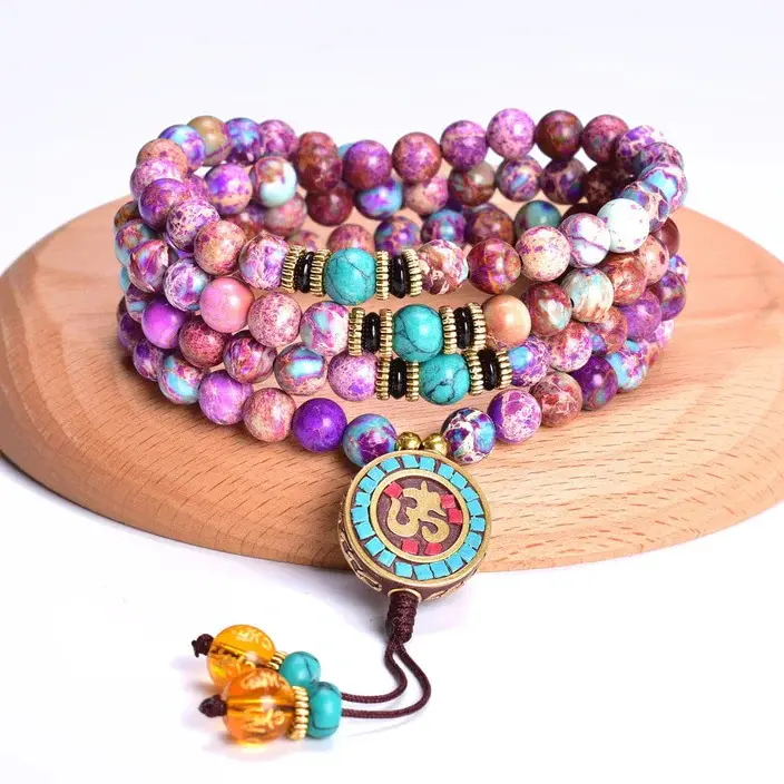 8mm 108 Mala Stone Beaded Necklaces/Bracelet Purple Emperor Jasper Pendant Yoga Meditation Mala Prayer Bead Necklace For Women