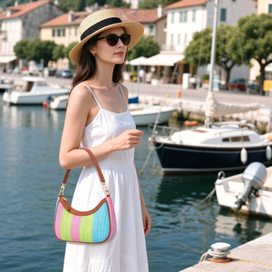 <b>Summer</b> Straw Beach Woven <b>Shoulder</b> <b>Bag</b> Zipper Waterproof Lightweight for Vacation-Stylish Design Multiple Carrying Options - Product Image 1