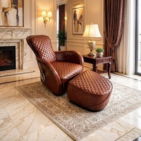 Fauteuil d'appoint vintage en cuir avec ottoman, matelassage losanges, détails anneaux métalliques, chaise longue individuelle rétro pour bureau ou bar