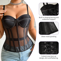 Top corsé transparente con copas y malla, con diseño de bustier y varillas, con cordones