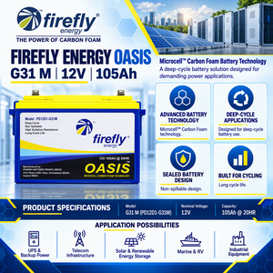 แบตเตอรี่ตะกั่วกรดแบบ Deep Cycle รุ่น Firefly Oasis 12V 105Ah ผลิตจากคาร์บอนโฟม ออกแบบมาเพื่อการสำรองพลังงานและจัดเก็บพลังงานแสงอาทิตย์อย่างมีประสิทธิภาพ - Product Image 1