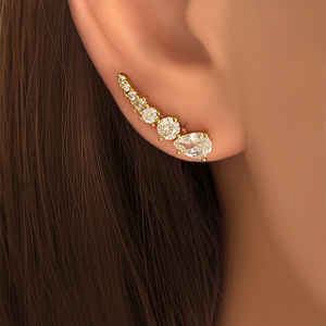 Pendientes de tuerca curvos de latón chapado en oro de 18K para mujer, con circonitas cúbicas en forma de pera y redondas, joyería de moda al por mayor - Product Image 3