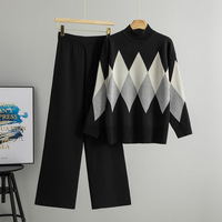 Ensemble pull et pantalon large à col roulé à motif géométrique diamanté personnalisé pour femme, nouvelle collection automne-hiver, élégant, tricoté