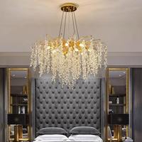 Lustre moderne en cristal K9 blanc chaud de luxe avec pampilles en forme de goutte de pluie dorée, luminaire suspendu en forme de branche d'arbre moderne pour salon et salle à manger