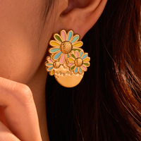 Nouvelle conception 2025 émail marguerite fleur ensemble de bijoux femmes mignon en acier inoxydable plaqué or boucles d'oreilles et anneau ouvert ensemble