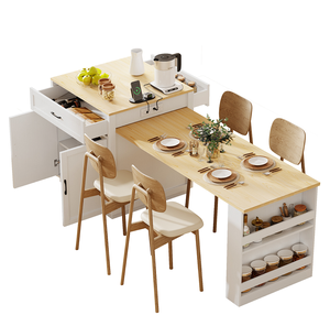 Îlot de cuisine extensible en bois massif, table à manger avec rangement double face, 2 tiroirs, prises électriques latérales, étagères, résistant à l'eau, moderne - Product Image 1