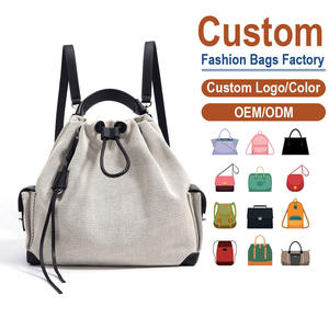 Genuine Full-Grain Leather & <b>Canvas</b> <b>Backpack</b> – Beige with Black Trim & Braided Drawstring, Customizable for <b>Women</b>’s Daily Use - Product Image 1