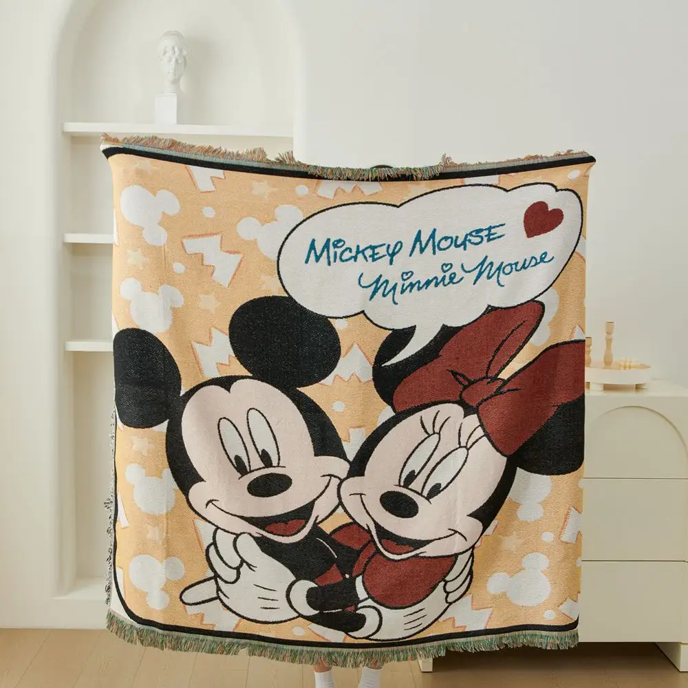 Custom High Quality 130*180cm Cartoon Mickey Mouse Sofa Fringed Wall Hanging Woven Tapestry Blanket with Tassels
