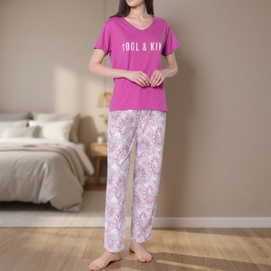 Women's Casual Fashion <b>Pyjamas</b> ODM Supply 100% Cotton Soft and Smooth Jersey Fabric Elastic Waist Closure <b>for</b> <b>Summer</b> Spring - Product Image 2