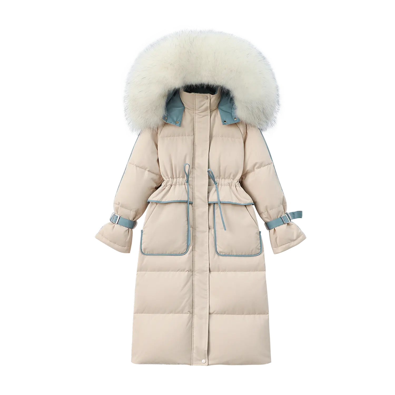 China Winter Women Hooded Zipper Duck Fabric Ivory Black Femme Capuche Fourrure Light Long Coat Custom Down Jacket